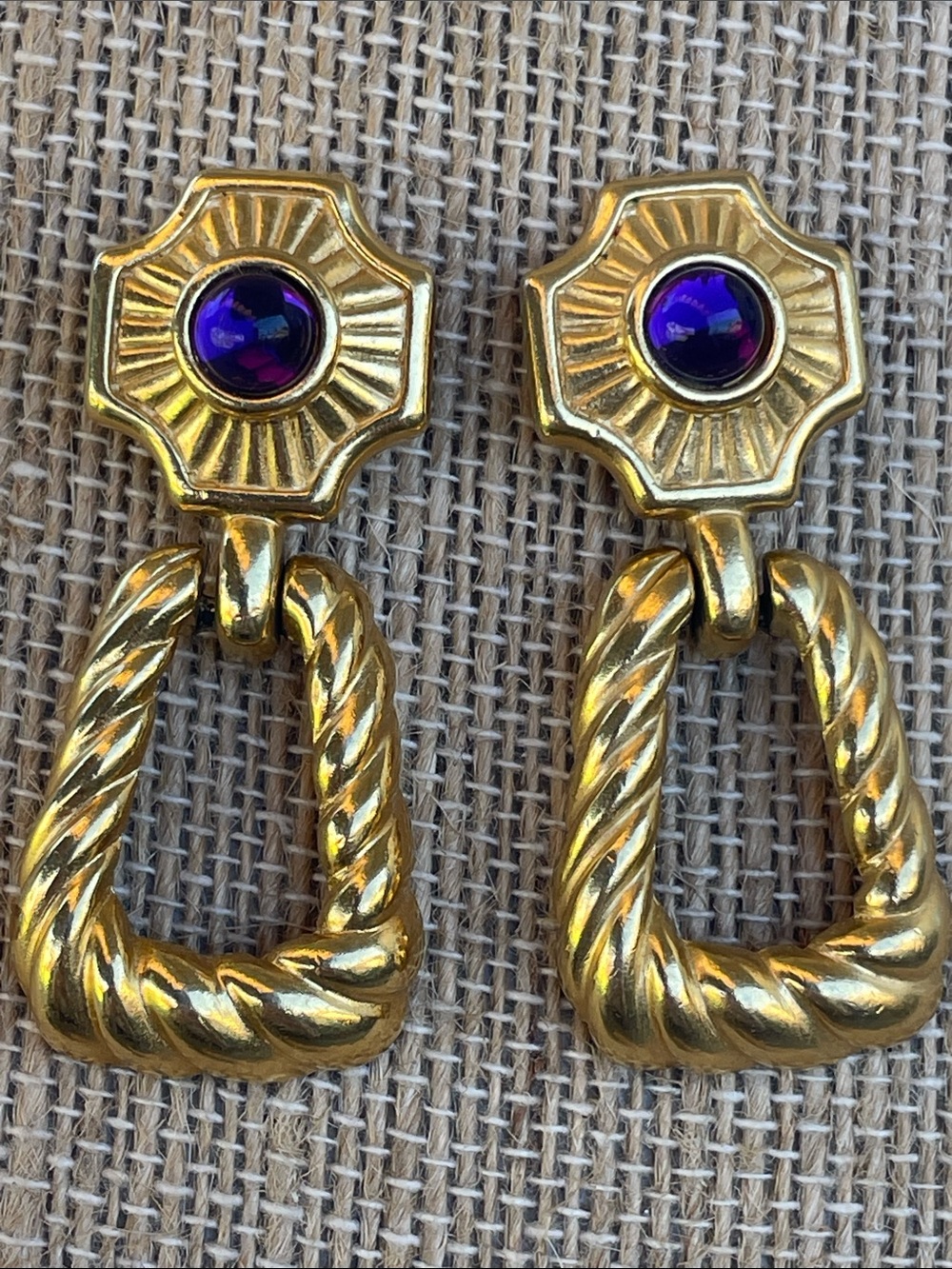 Trifari Gold Drop Rope-Texture Earrings with Purple Stone